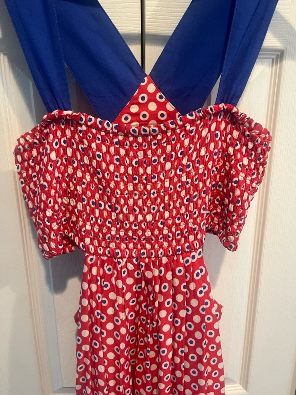 Anthropologie Red Polka Dot Mini Dress with Blue Straps Sz M - Picture 6 of 10